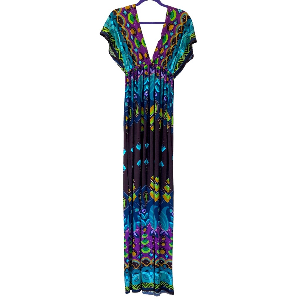 Deep V-Neck Multicolored Peacock Maxi Slip-on Bohemian Dress